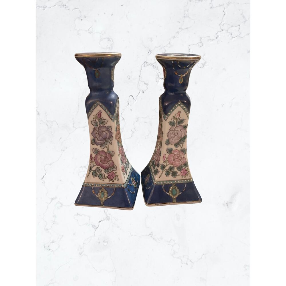 8" Chinoiserie Handpainted Vintage Floral Candlestick Holders